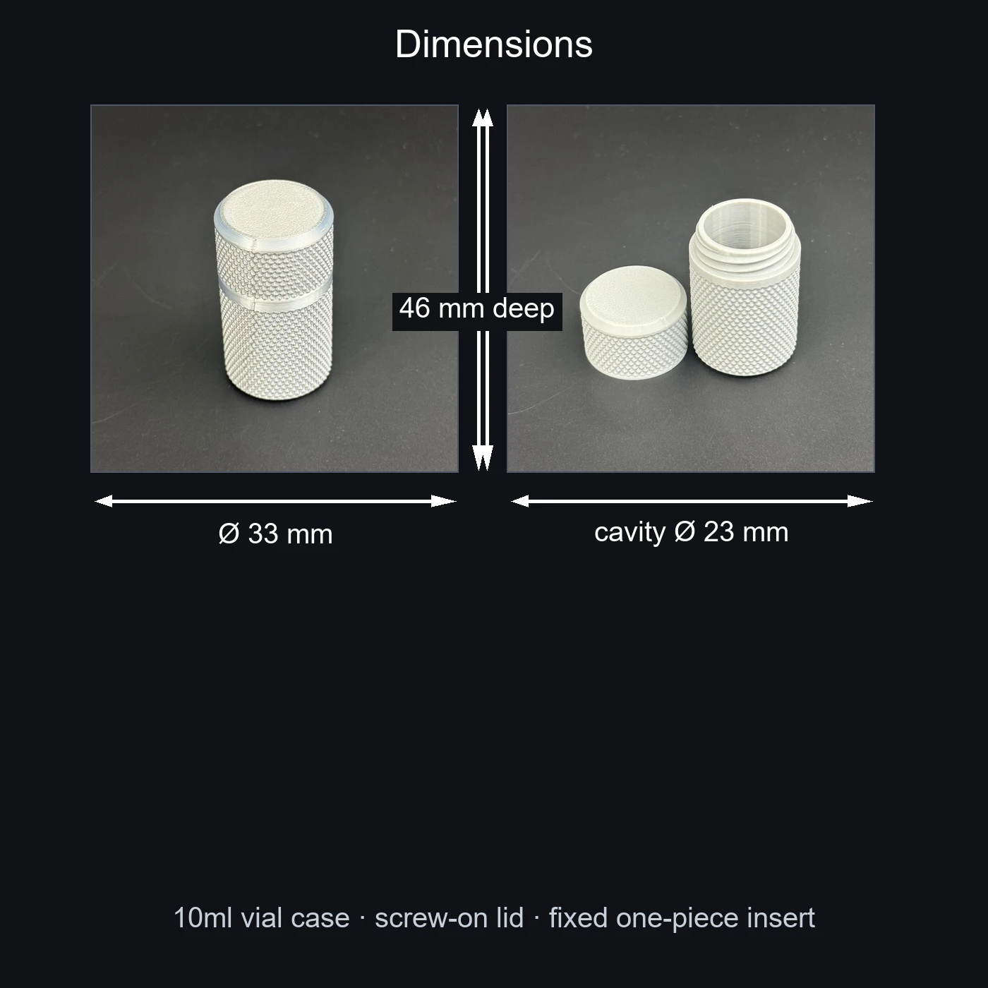 10ml vial case dimensions diagram: 33 x 59 mm, 23 mm cavity